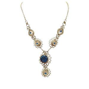 Antique Etruscan Revival Silver Lavalier Choker Necklace Silver and Blue Glass